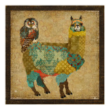 Gold Alpaca & Teal Owl Art Poster