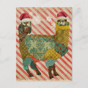 Gold Alpaca & Teal Owl Christmas Postcard