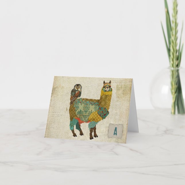 Gold Alpaca & Teal Owl Notecard (Front)