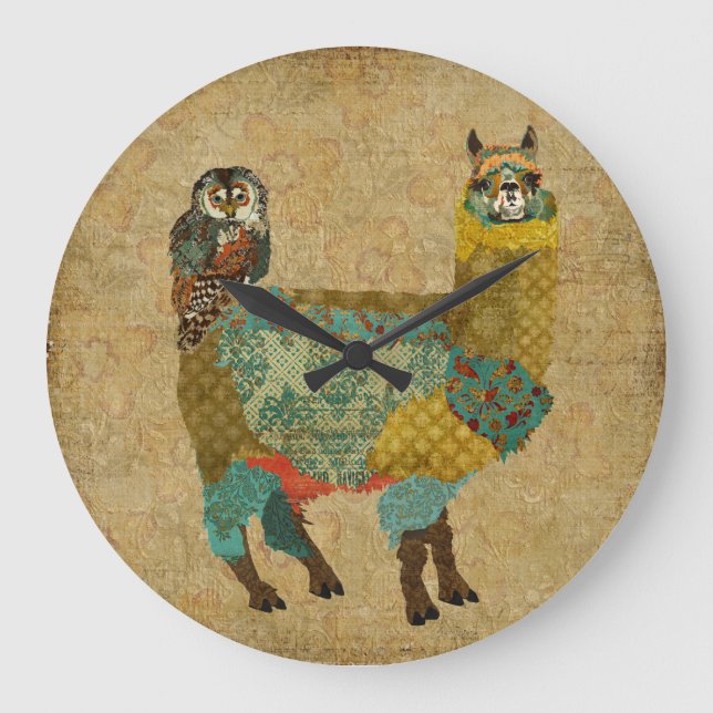 Gold Alpaca & Teal Owl Wall Clock (Front)