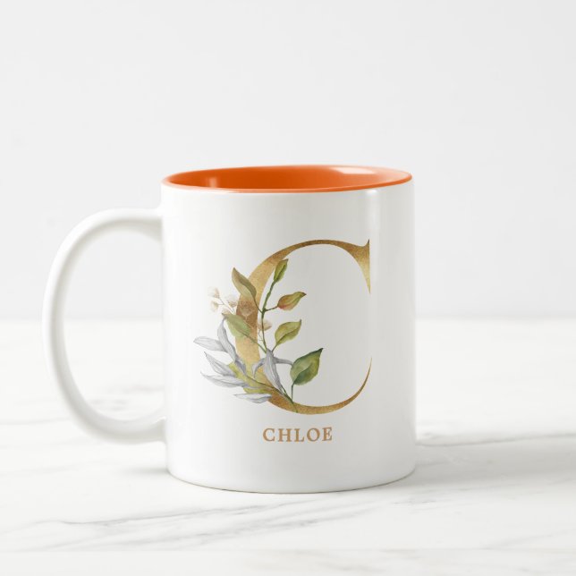 Gold Alphabet C Monogram | Leaf Foliage Two-Tone Coffee Mug (Left)