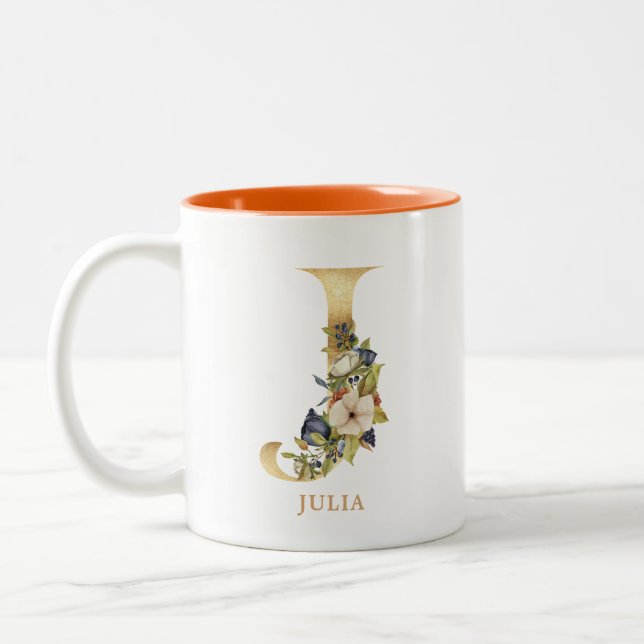 Gold Alphabet J Monogram | Leaf Foliage Two-Tone Coffee Mug (Left)