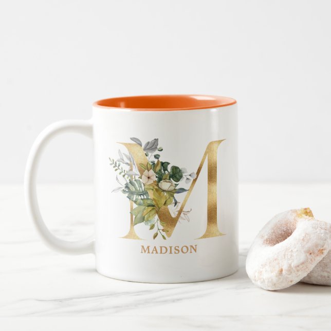Gold Alphabet M Monogram | Leaf Foliage Two-Tone Coffee Mug (With Donut)