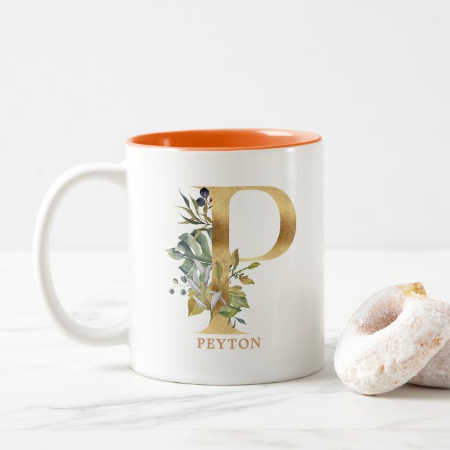 Gold Alphabet P Monogram | Leaf Foliage Two-Tone Coffee Mug (With Donut)