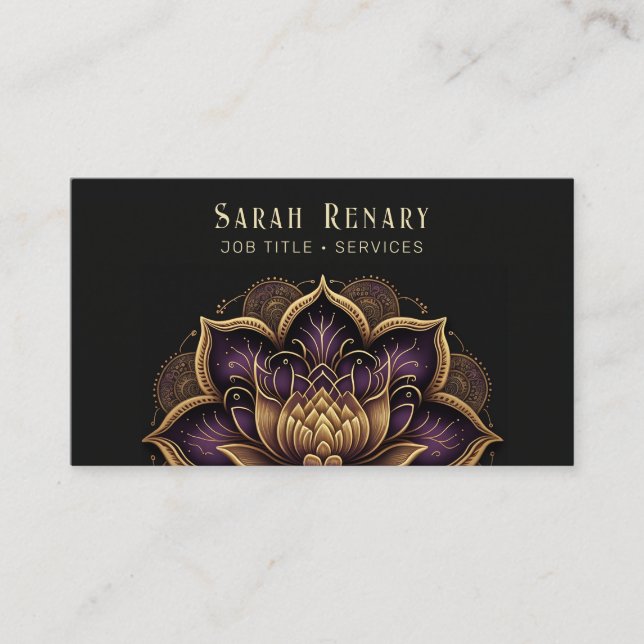 Gold & Amethyst Lotus Flower Black Business Card (Front)