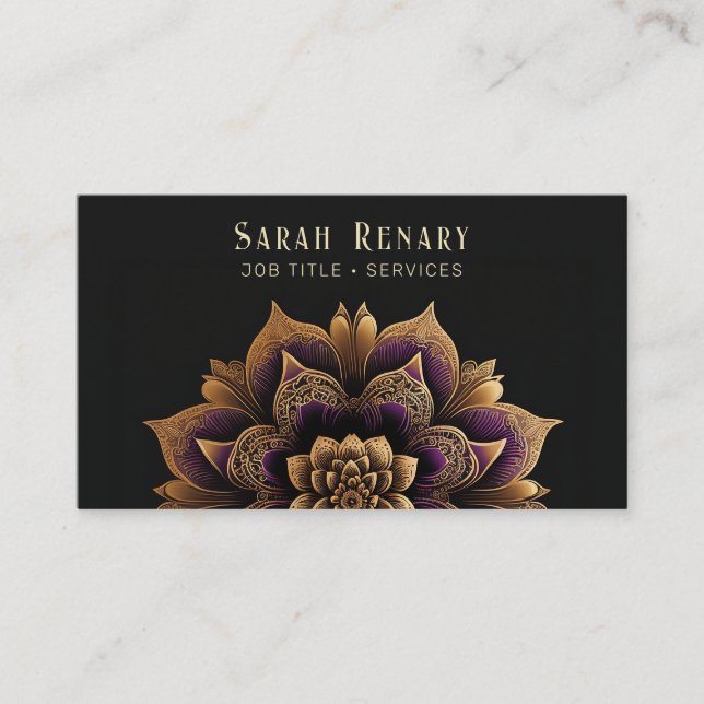 Gold & Amethyst Lotus Flower Black Business Card (Front)