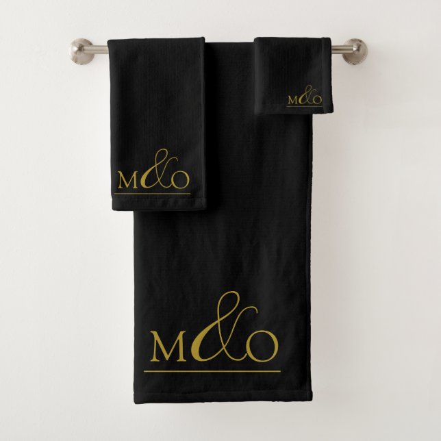Gold Ampersand Monogram Couple Black  Bath Towel Set (Insitu)