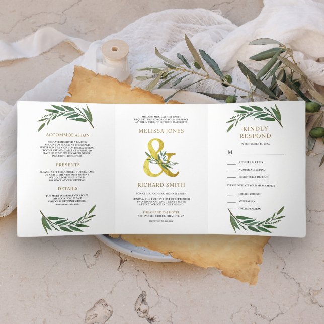 Gold Ampersand Olive Branch All in One Wedding Tri-Fold Invitation (Creator Uploaded)
