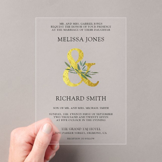 Gold Ampersand Olive Branch Wedding Acrylic Invitations (Insitu (Handheld))