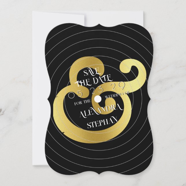 Gold Ampersand Retro Vinyl Record Photo Wedding Save The Date (Front)