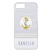 Gold anchor and navy blue stripes nautical