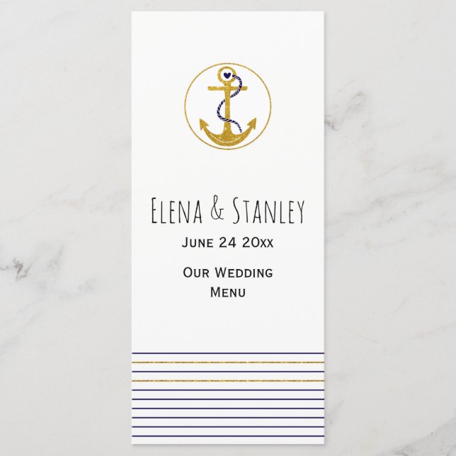 Gold anchor and stripes nautical wedding menu card (Front)