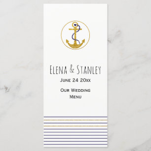 Gold anchor and stripes nautical wedding menu card