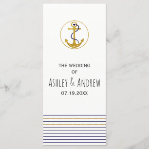 Gold anchor and stripes nautical wedding program programme