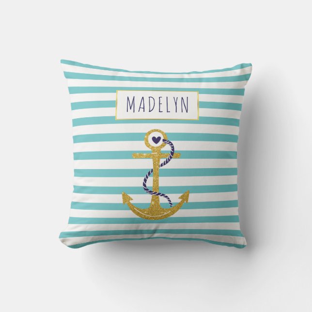 Gold anchor aqua striped pattern summer nautical outdoor cushion (Front)