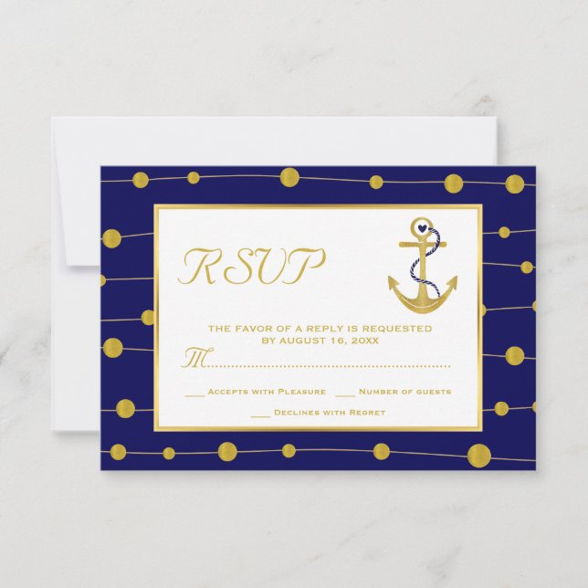 Gold anchor & beads navy blue nautical wedding RSVP card (Front)
