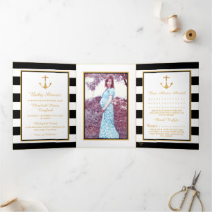 Gold Anchor Black &White Stripe Baby Shower Suite Tri-Fold Invitation