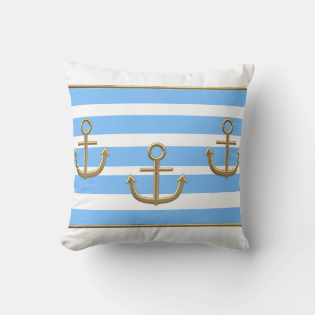 gold anchor blue white background cushion (Front)