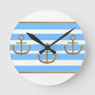 gold anchor blue white background round clock