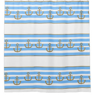 gold anchor blue white background shower curtain