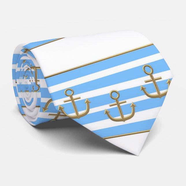 gold anchor blue white background tie (Rolled)