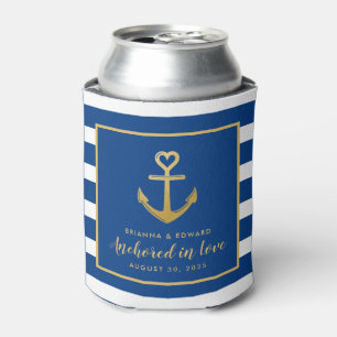 Gold Anchor Blue White Stripe Nautical Wedding Can Cooler