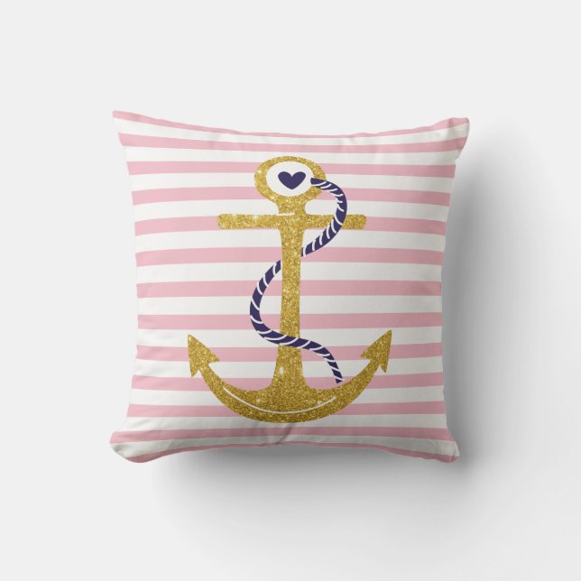 Gold anchor blush pink, white stripes nautical cushion (Front)