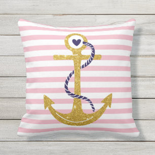Gold anchor blush pink, white stripes nautical cushion