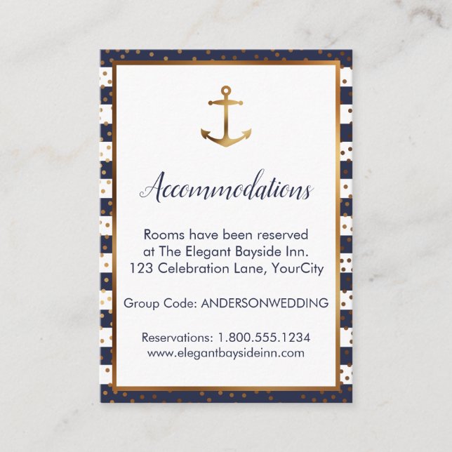 Gold Anchor Confetti & Stripes Accommodation Cards (Front)