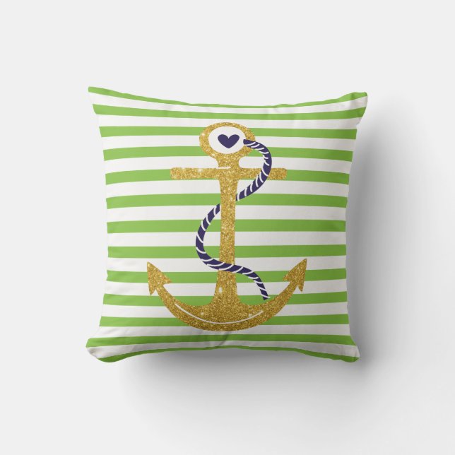 Gold anchor green, white stripes nautical outdoor cushion (Front)