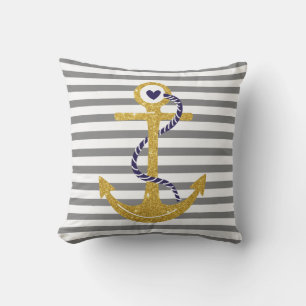 Gold anchor grey, white stripes nautical cushion