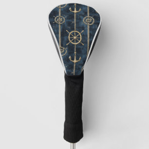 Gold Anchor & Helm Nautical Pattern Golf Head Cover