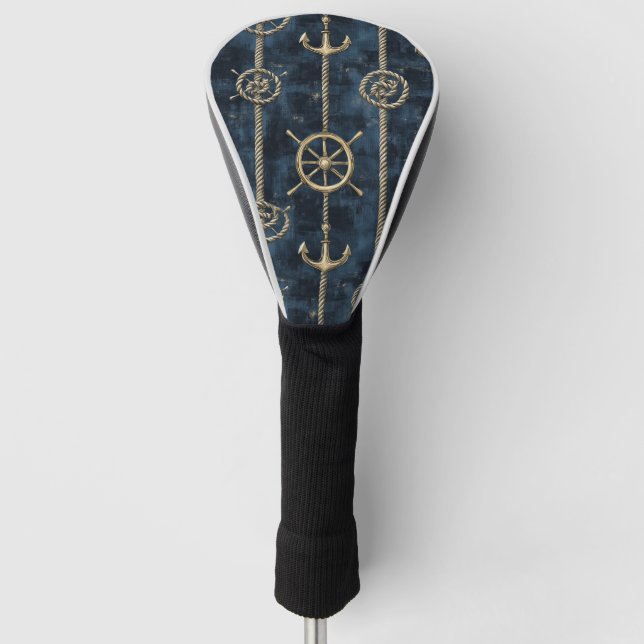 Gold Anchor & Helm Nautical Pattern Golf Head Cover (Front)