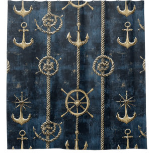 Gold Anchor & Helm Nautical Pattern Shower Curtain