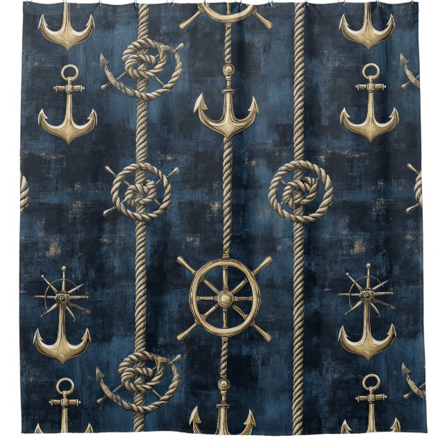Gold Anchor & Helm Nautical Pattern Shower Curtain (Front)