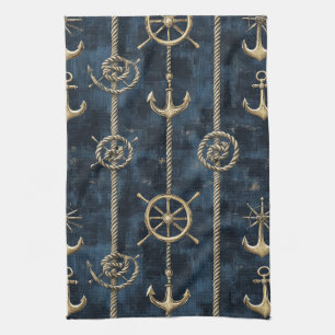 Gold Anchor & Helm Nautical Pattern Tea Towel