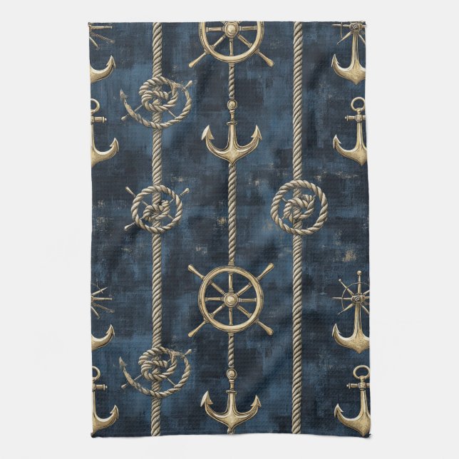 Gold Anchor & Helm Nautical Pattern Tea Towel (Vertical)