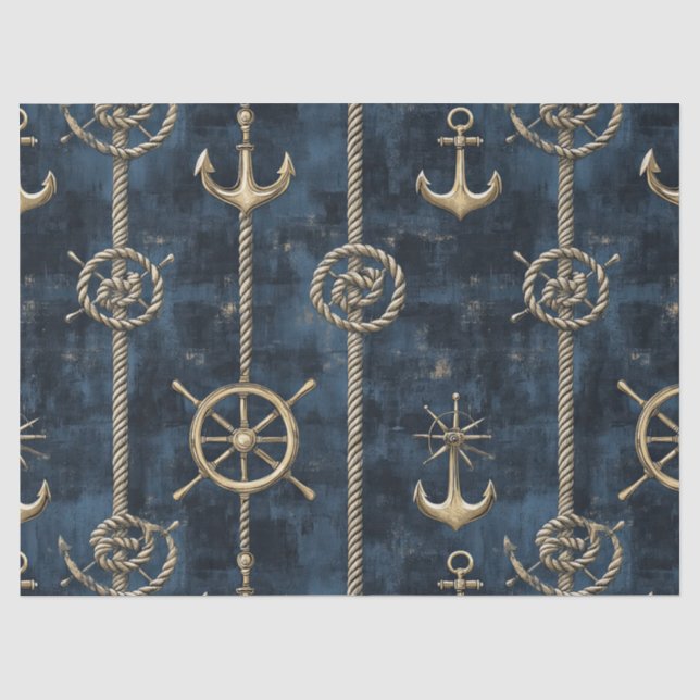 Gold Anchor & Helm Nautical Pattern Tissue Paper (Front)