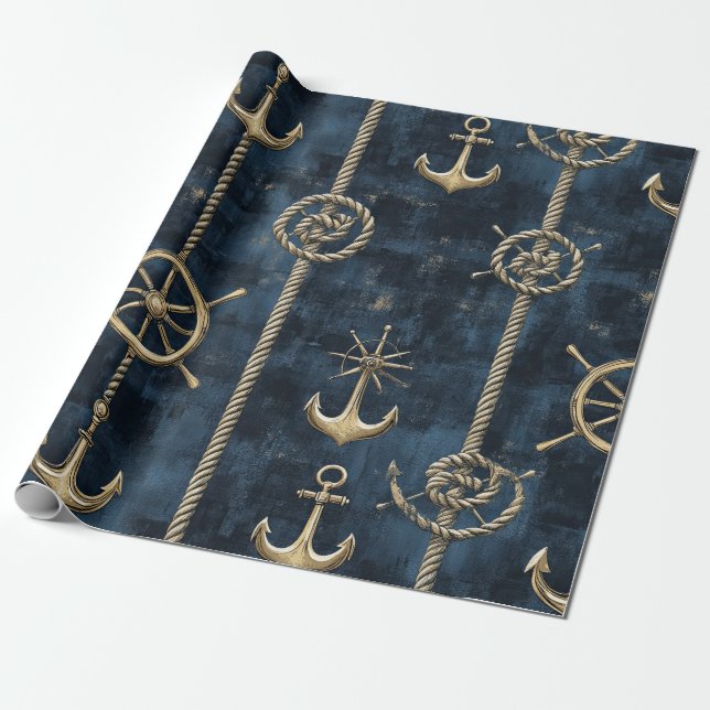 Gold Anchor & Helm Nautical Pattern Wrapping Paper (Unrolled)