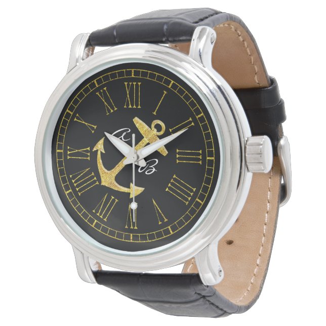 Gold Anchor Initials Personalise Watch (Angled)