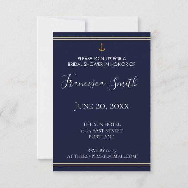 Gold Anchor Nautical Navy Blue Bridal Shower Invitation (Front)
