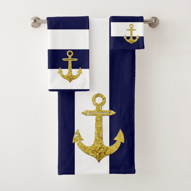 Gold anchor nautical stripes  bath towel set (Insitu)
