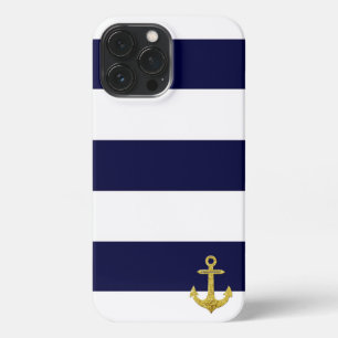 Gold anchor nautical stripes iPhone 13 pro max case