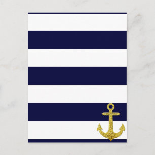Gold anchor nautical stripes postcard