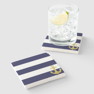 Gold anchor nautical stripes stone coaster