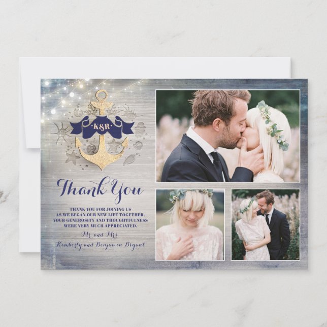 Gold Anchor Nautical Wedding Thank You Photo (Front)