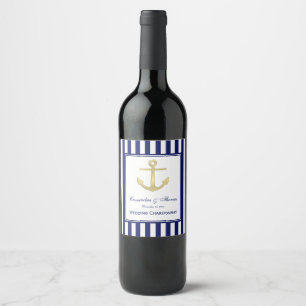 Gold Anchor Navy Blue Frame 2, White Stripe DIY BG Wine Label