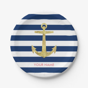 Gold Anchor Navy Blue Stripes Nautical Paper Plate