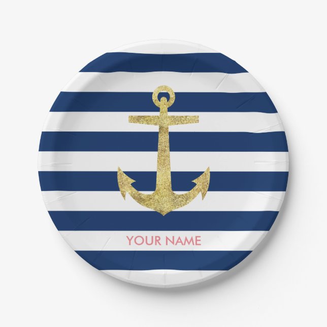 Gold Anchor Navy Blue Stripes Nautical Paper Plate (Front)
