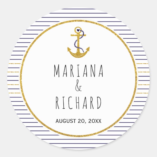 Gold anchor & navy blue stripes nautical wedding classic round sticker (Front)